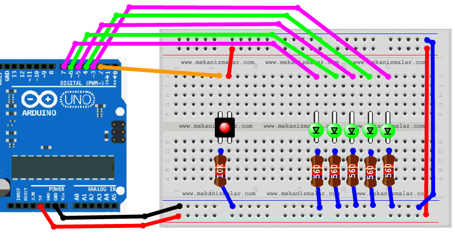 Pedagogy Annotate Sway Arduino five led control in sequence with a button